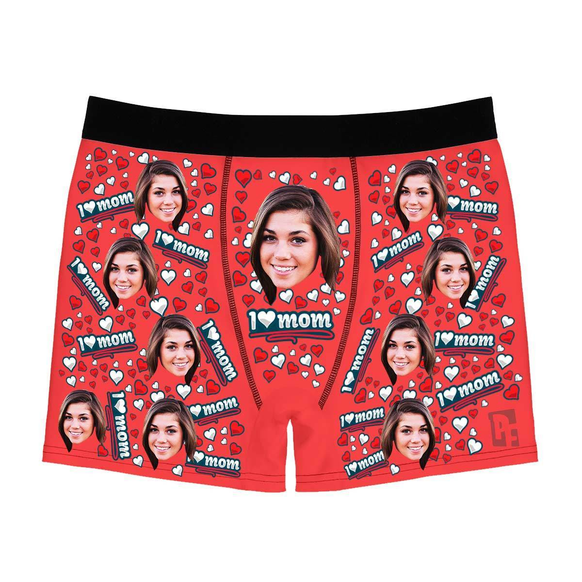 Red Love mom men's boxer briefs personalized with photo printed on them