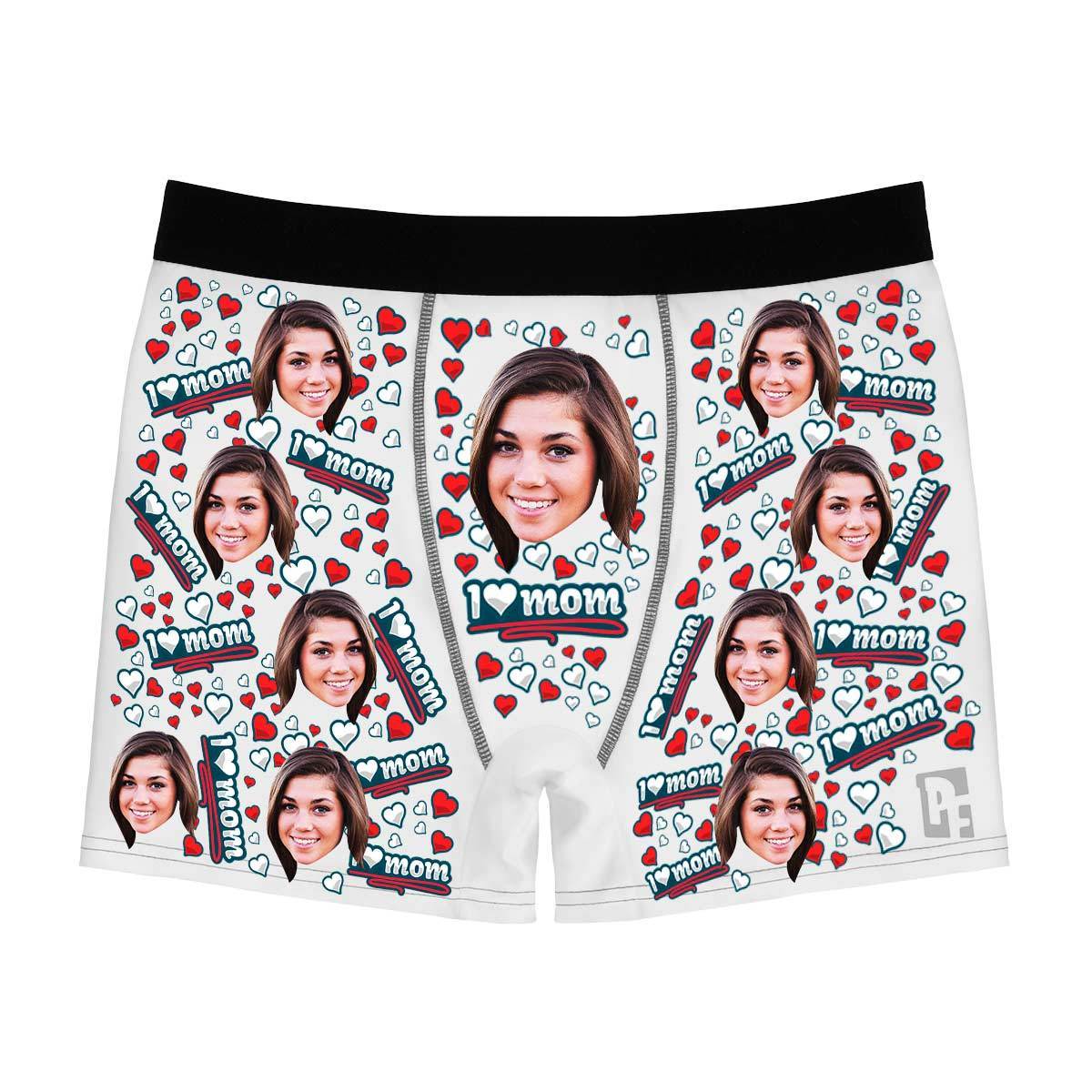 White Love mom men's boxer briefs personalized with photo printed on them