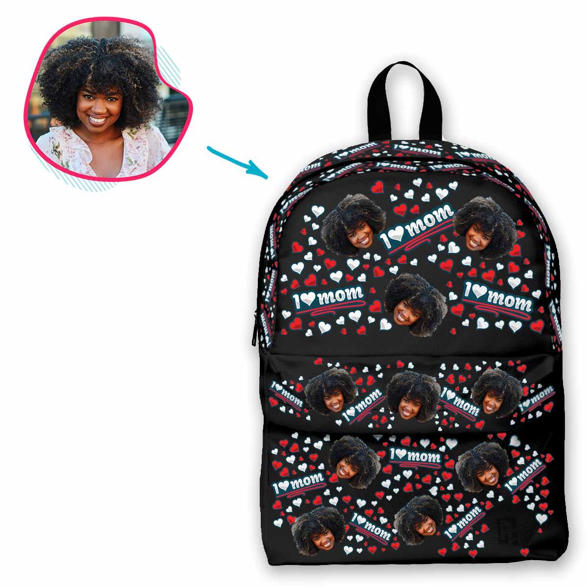 dark Love Mom classic backpack personalized with photo of face printed on it