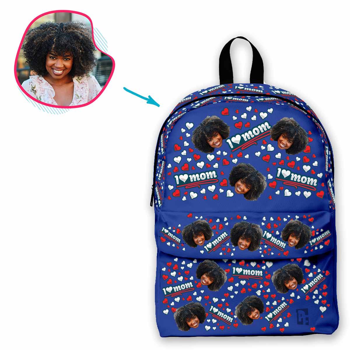 darkblue Love Mom classic backpack personalized with photo of face printed on it