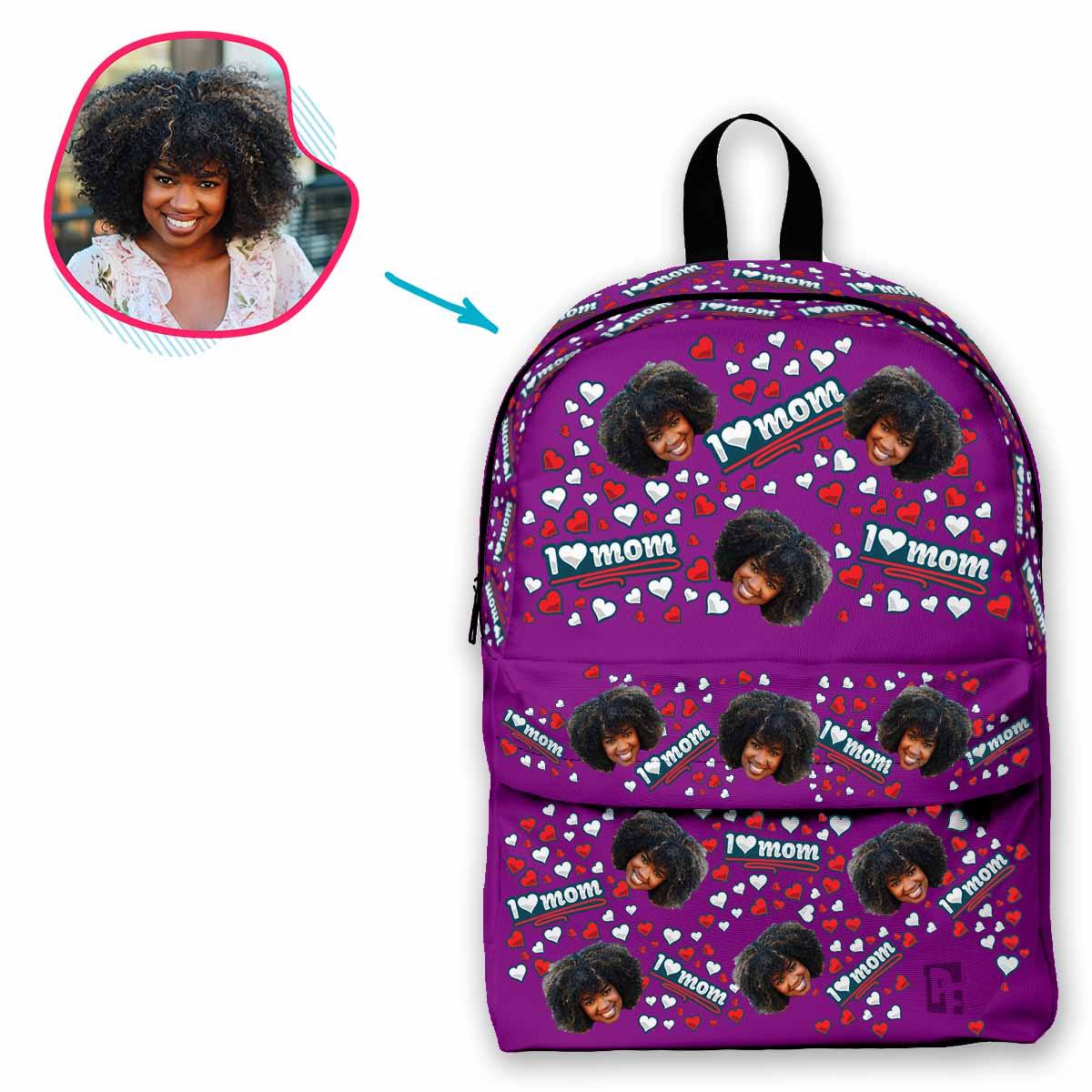 purple Love Mom classic backpack personalized with photo of face printed on it