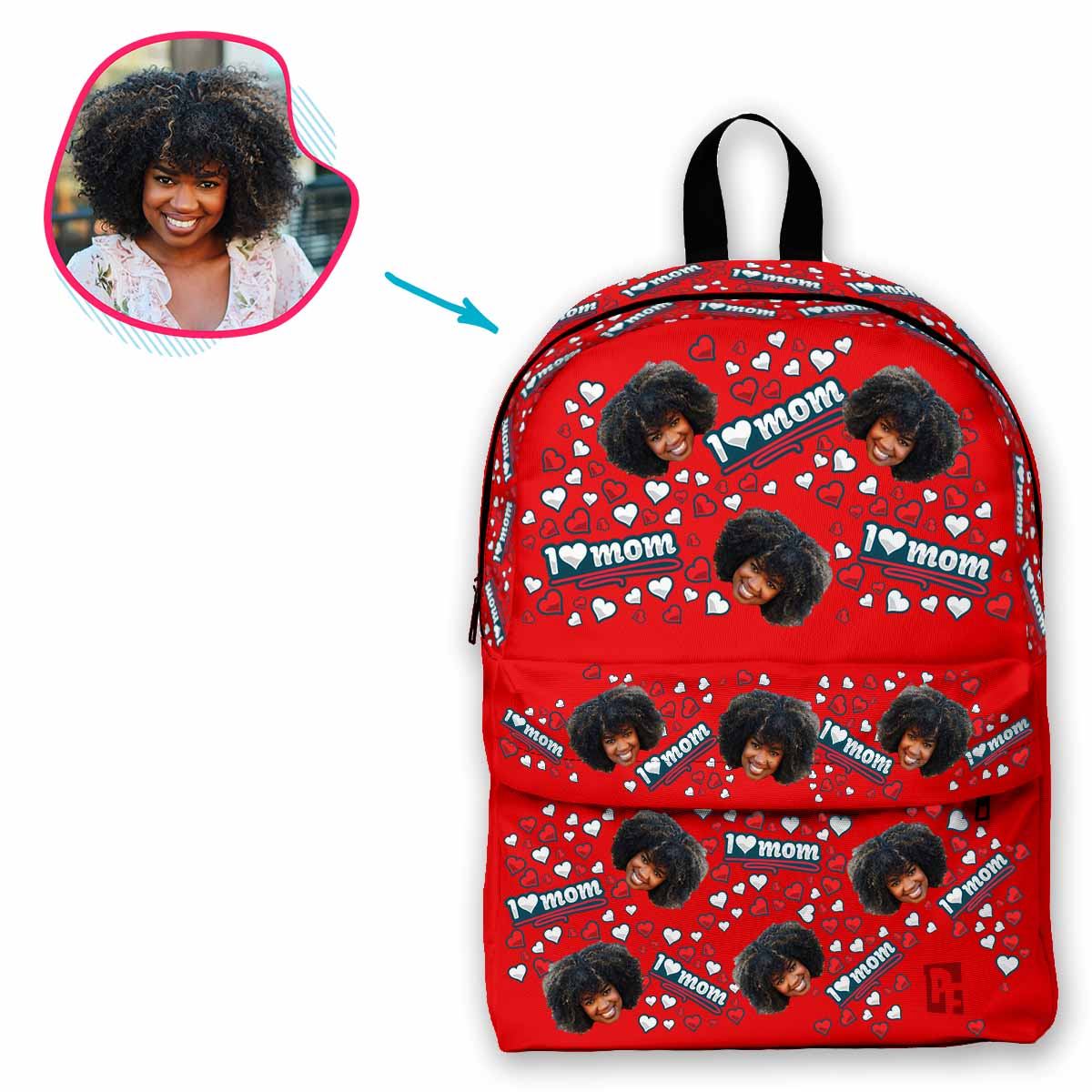 red Love Mom classic backpack personalized with photo of face printed on it