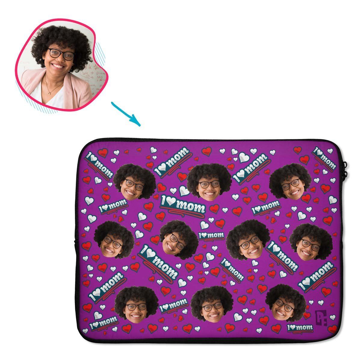 purple Love Mom laptop sleeve personalized with photo of face printed on them