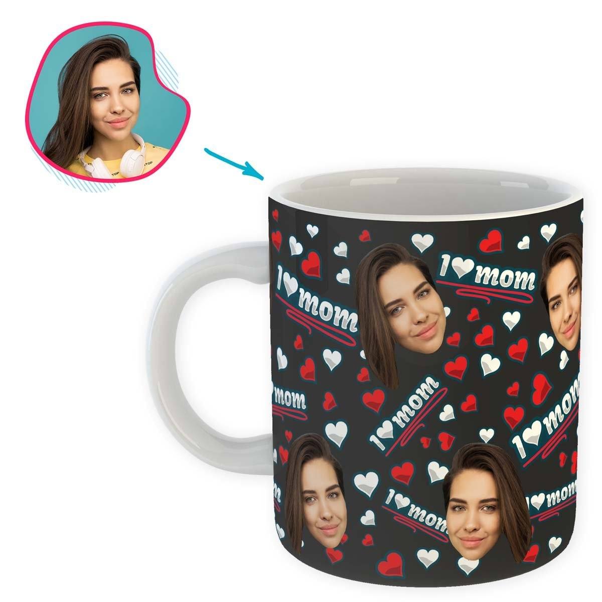 dark Love Mom mug personalized with photo of face printed on it