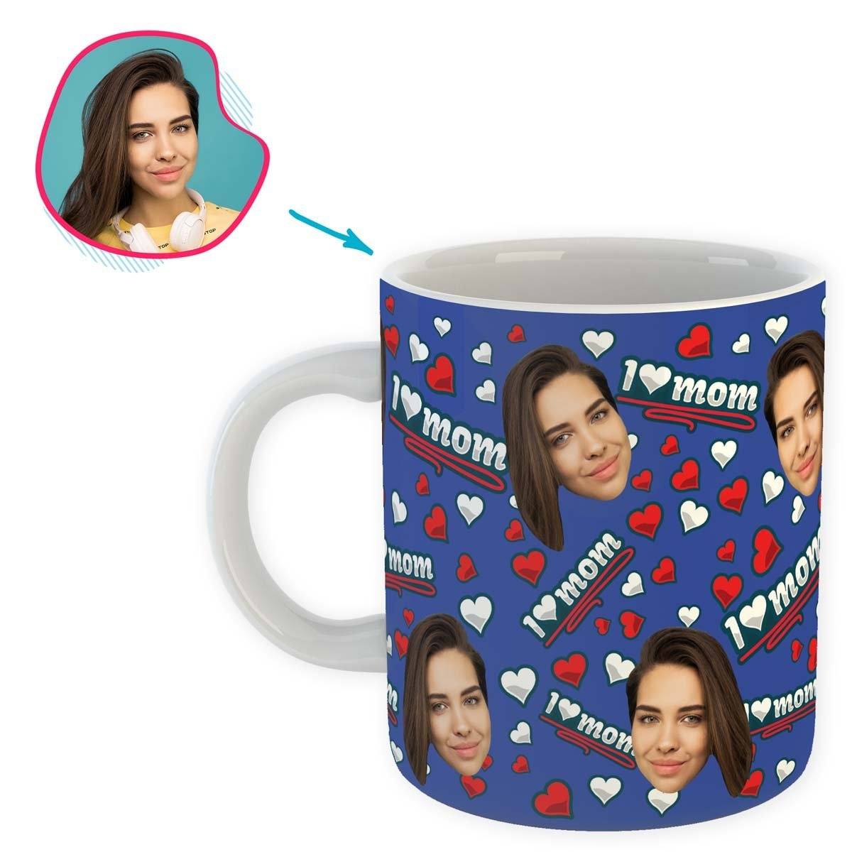darkblue Love Mom mug personalized with photo of face printed on it