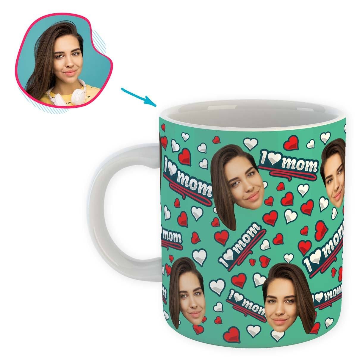 mint Love Mom mug personalized with photo of face printed on it