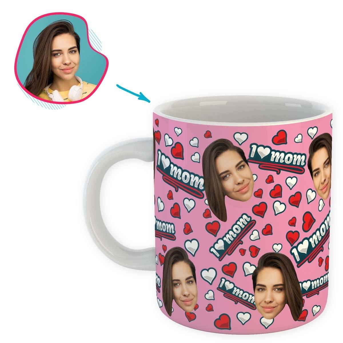 pink Love Mom mug personalized with photo of face printed on it