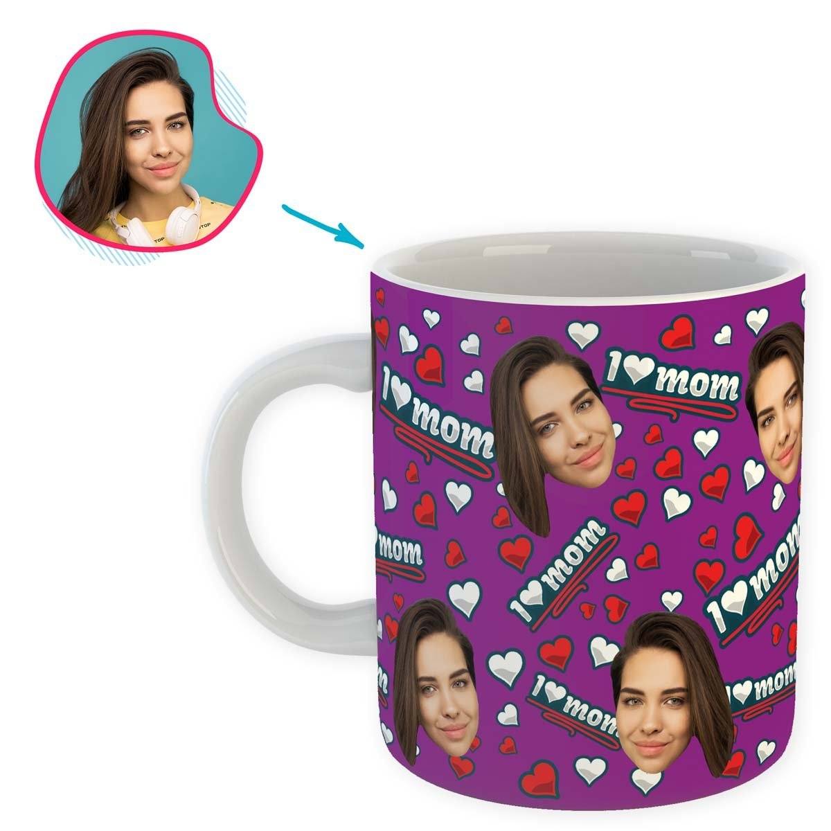 purple Love Mom mug personalized with photo of face printed on it