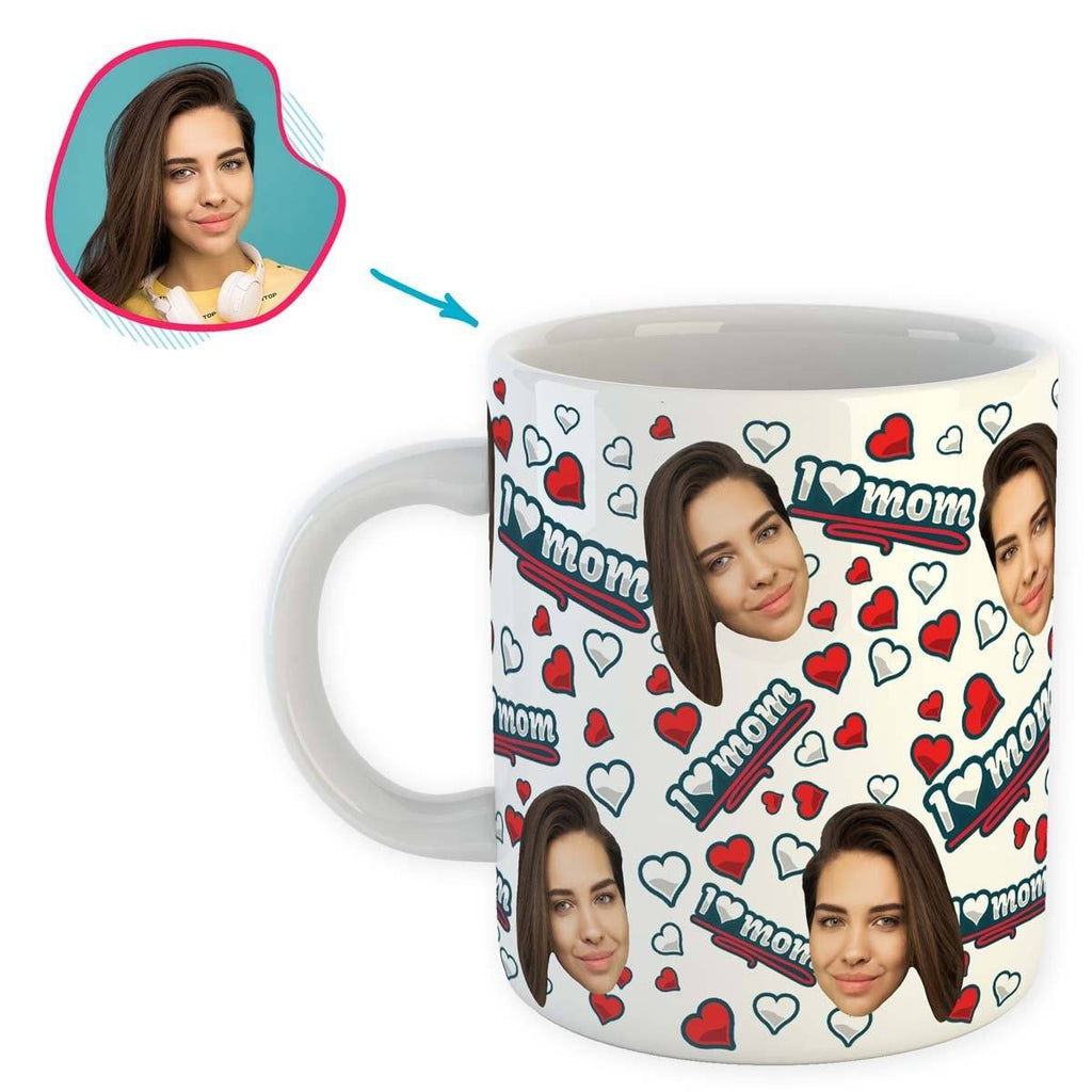 white Love Mom mug personalized with photo of face printed on it