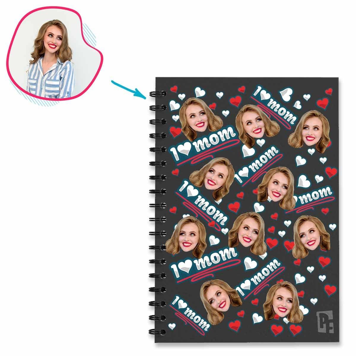 dark Love Mom Notebook personalized with photo of face printed on them
