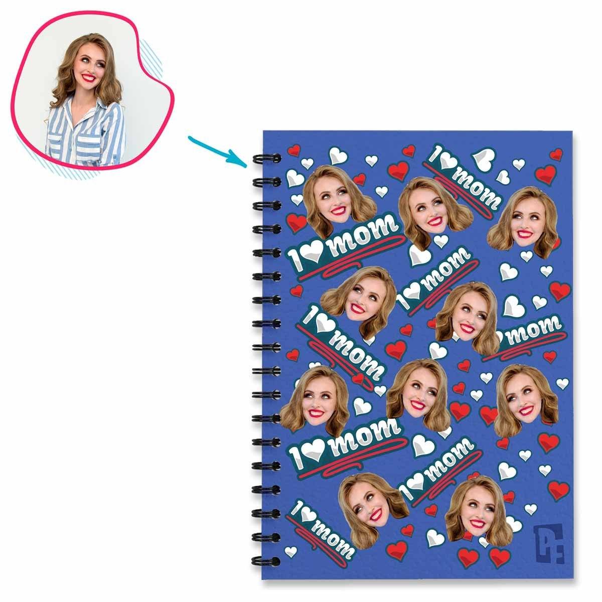 darkblue Love Mom Notebook personalized with photo of face printed on them