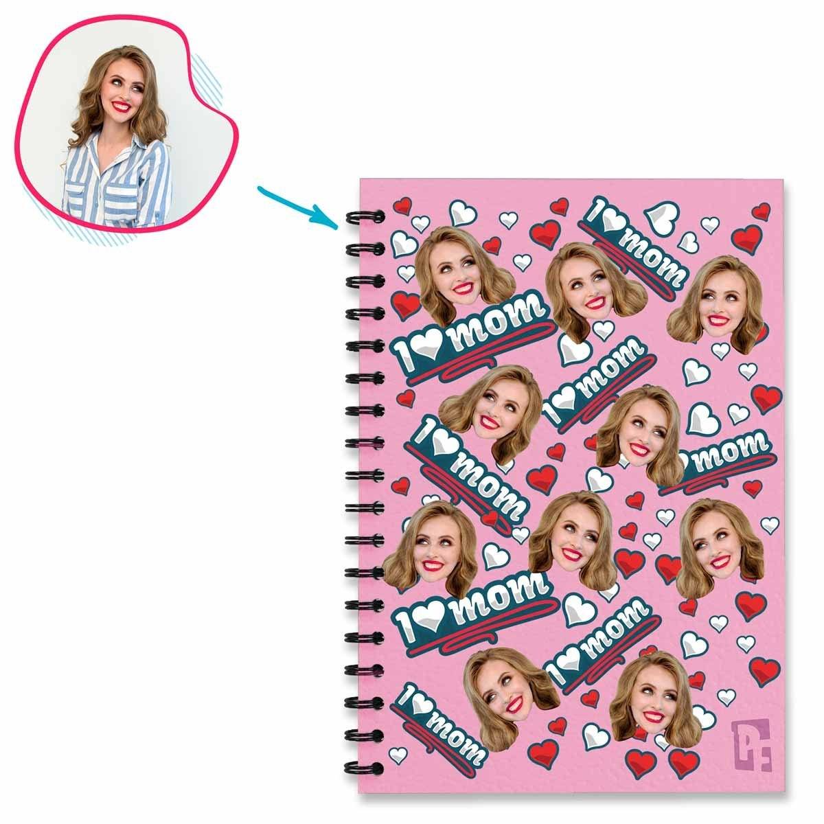 pink Love Mom Notebook personalized with photo of face printed on them