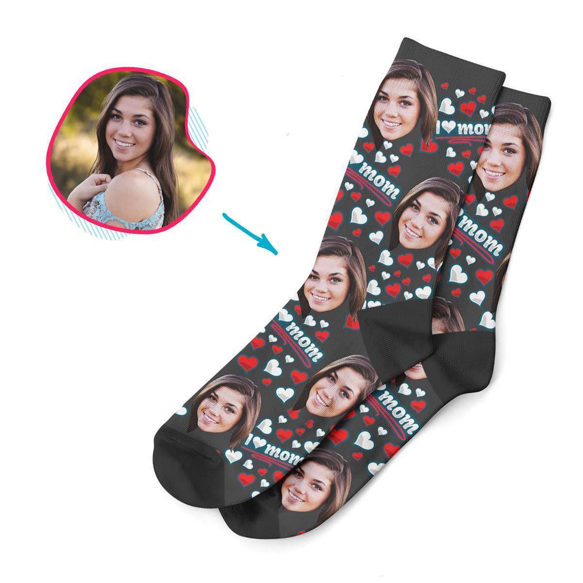 dark Love Mom socks personalized with photo of face printed on them