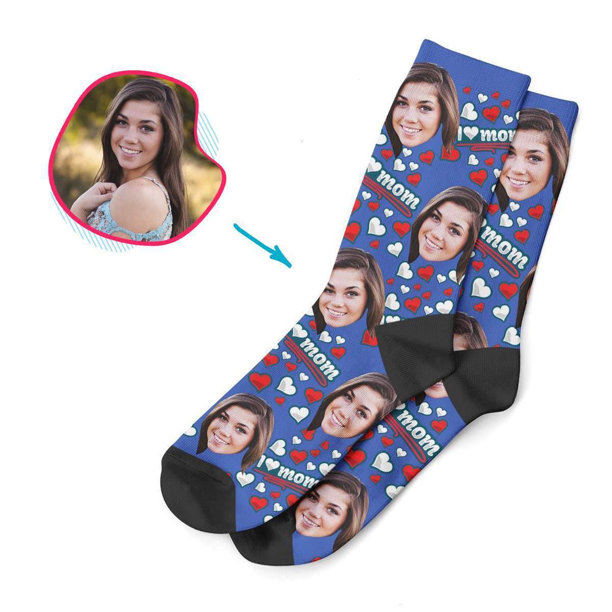 darkblue Love Mom socks personalized with photo of face printed on them