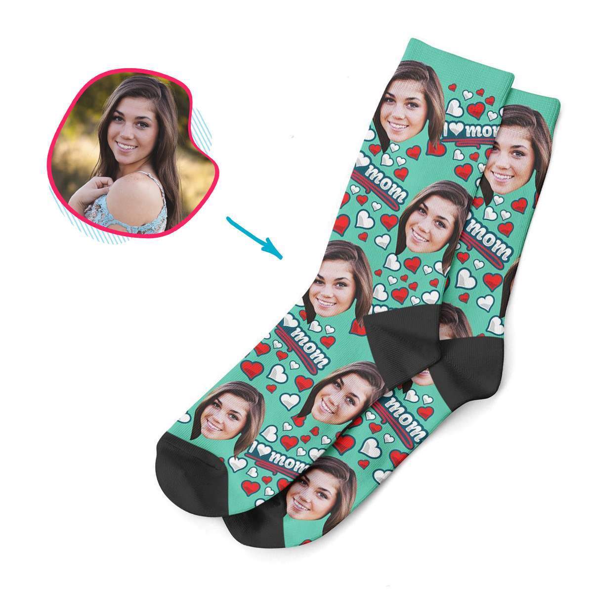mint Love Mom socks personalized with photo of face printed on them