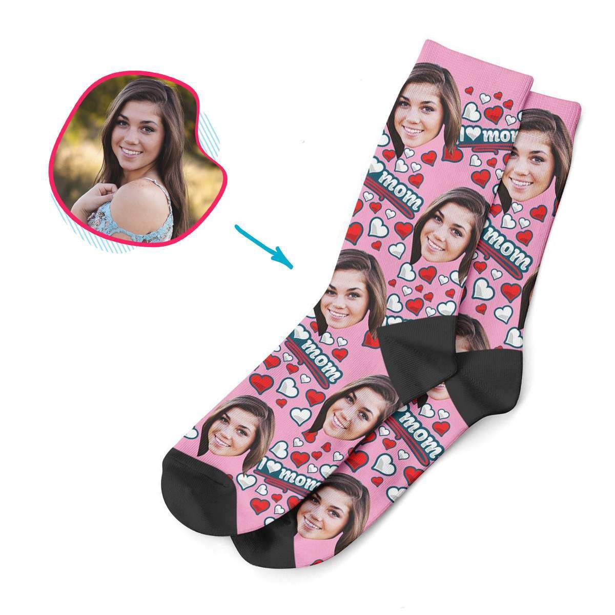 pink Love Mom socks personalized with photo of face printed on them