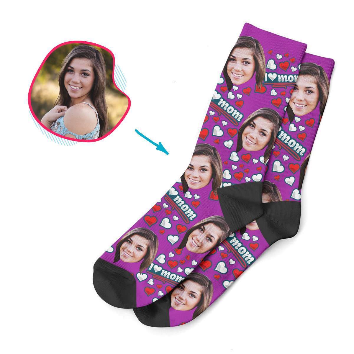 purple Love Mom socks personalized with photo of face printed on them