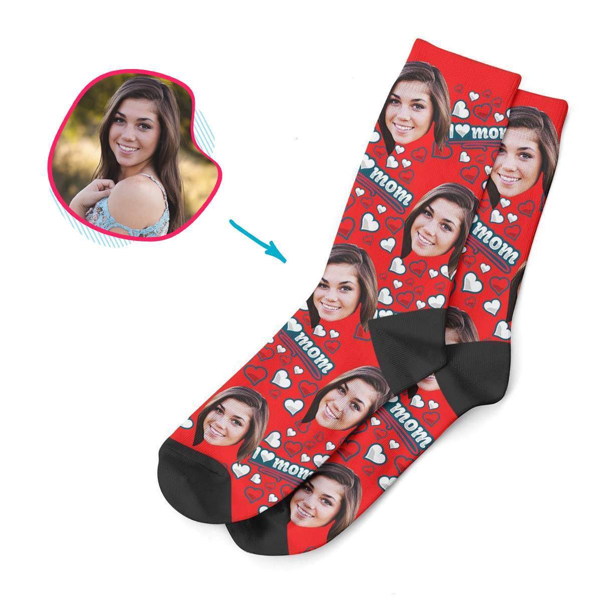 red Love Mom socks personalized with photo of face printed on them