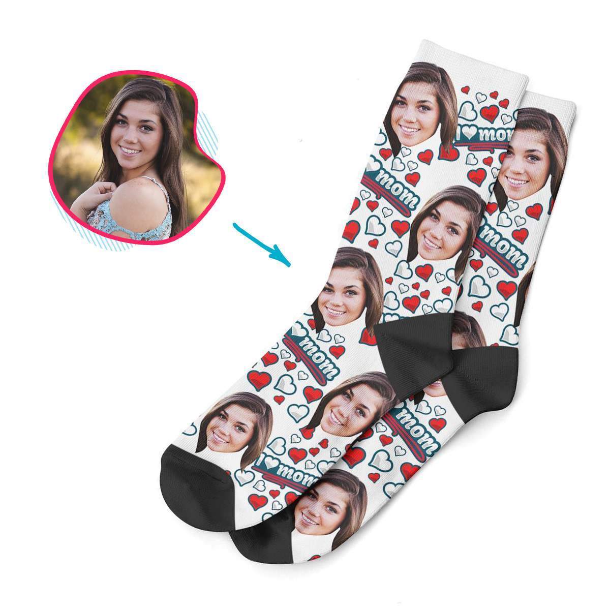 white Love Mom socks personalized with photo of face printed on them