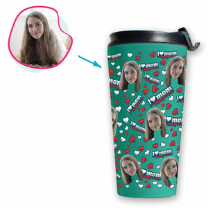 mint Love Mom travel mug personalized with photo of face printed on it
