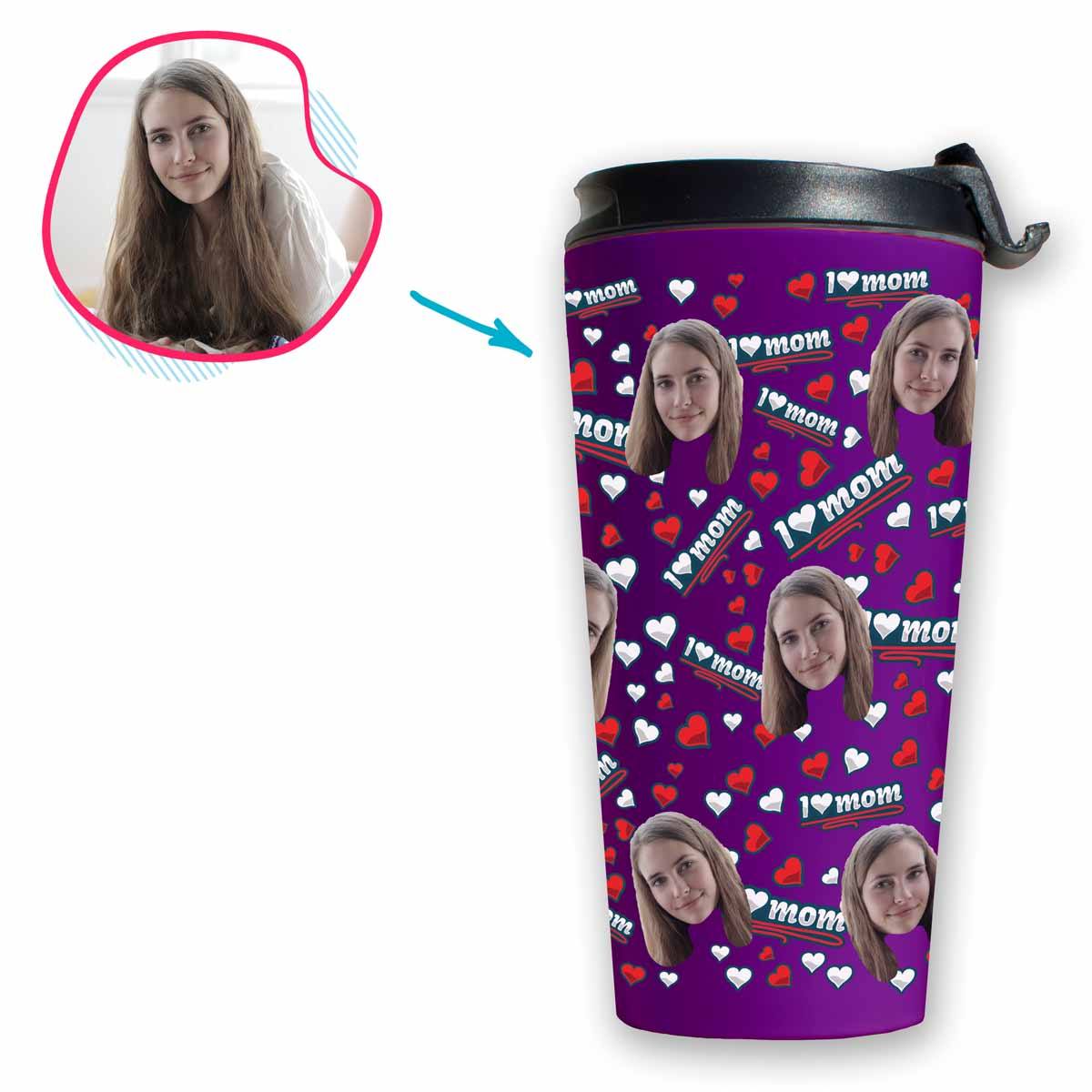purple Love Mom travel mug personalized with photo of face printed on it