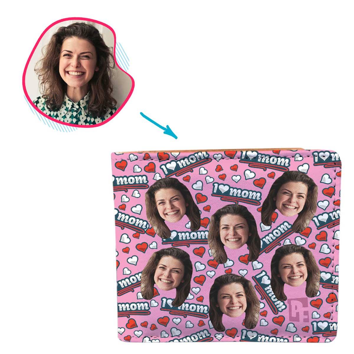pink Love Mom wallet personalized with photo of face printed on it