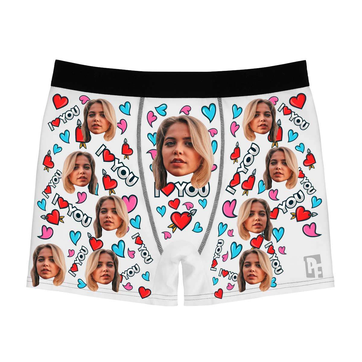Red Love you men's boxer briefs personalized with photo printed on them