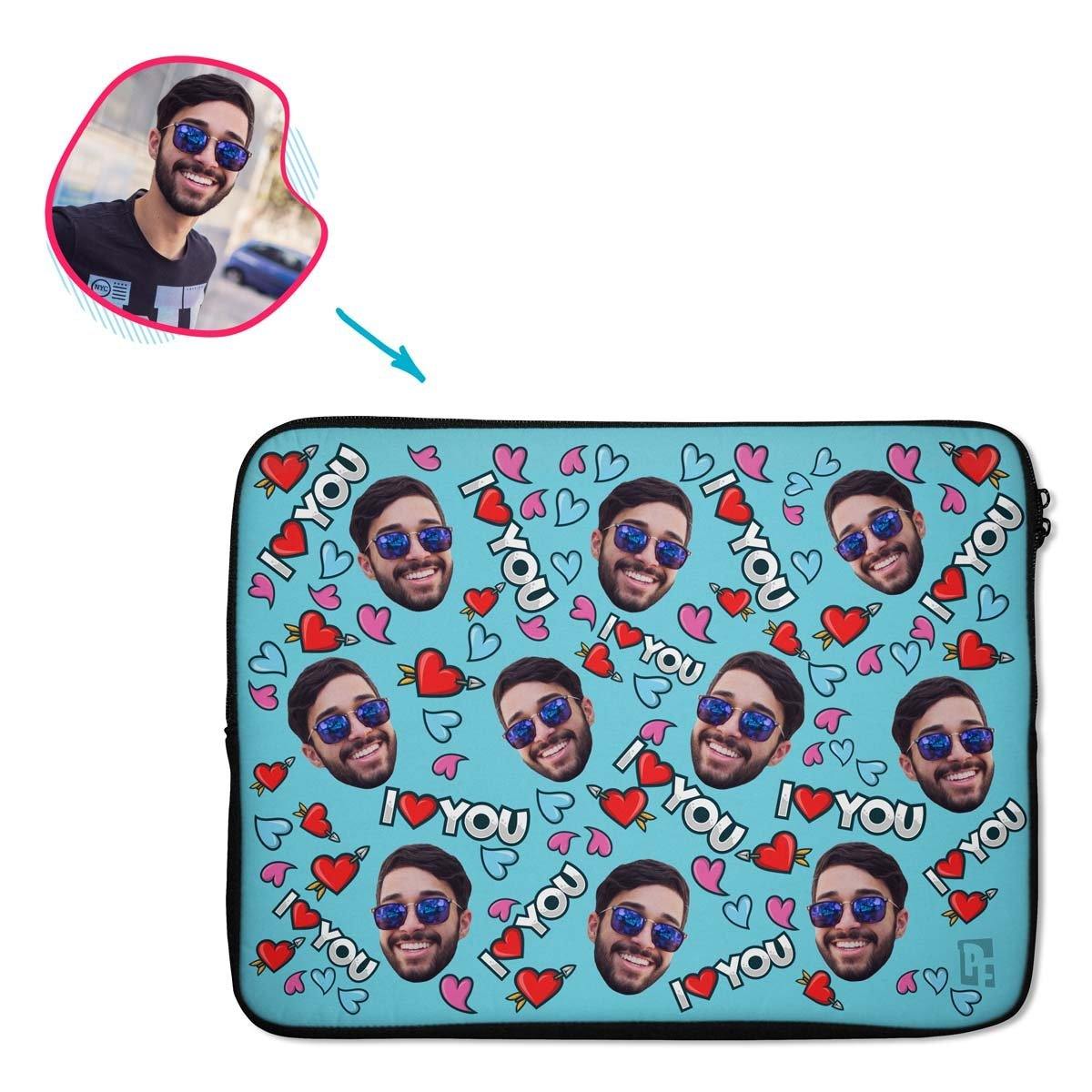 blue Love You laptop sleeve personalized with photo of face printed on them