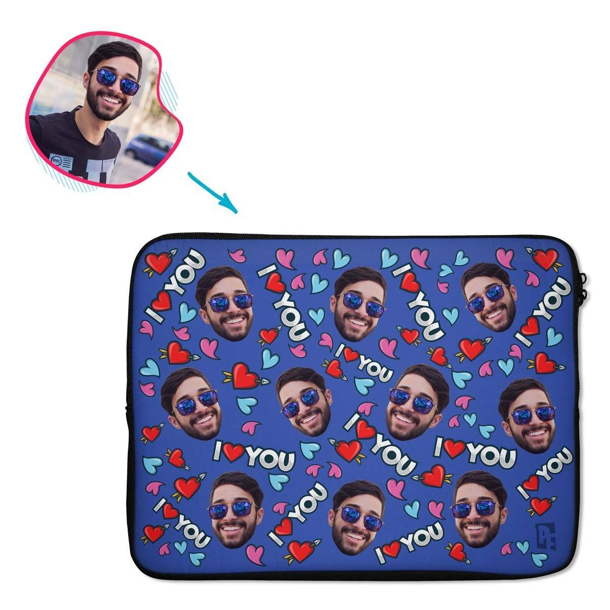 darkblue Love You laptop sleeve personalized with photo of face printed on them