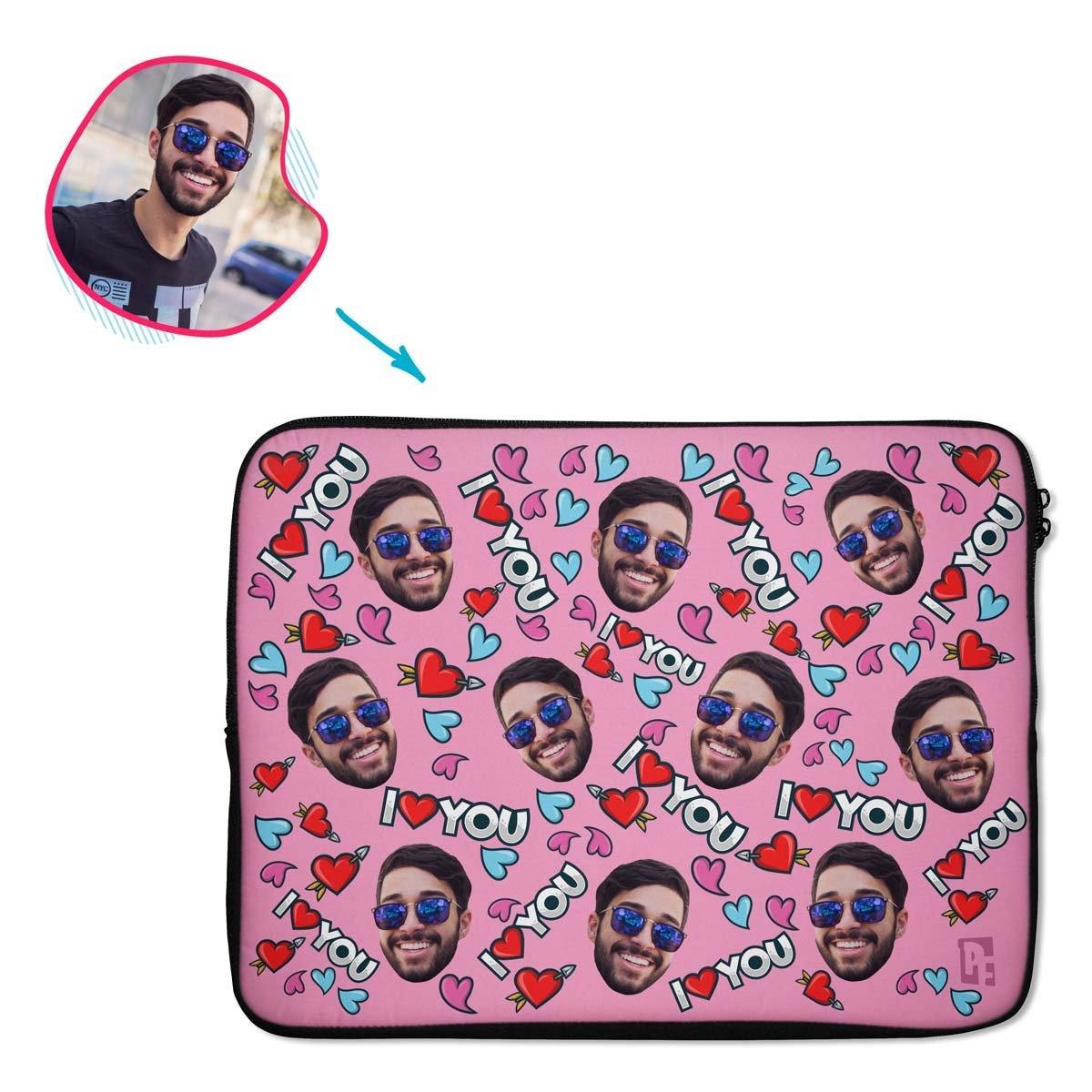 pink Love You laptop sleeve personalized with photo of face printed on them