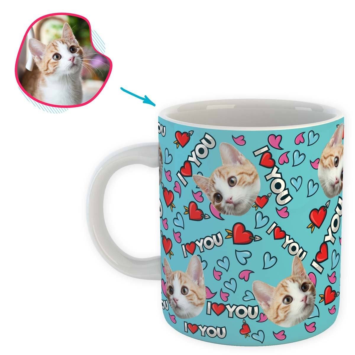 blue Love You mug personalized with photo of face printed on it