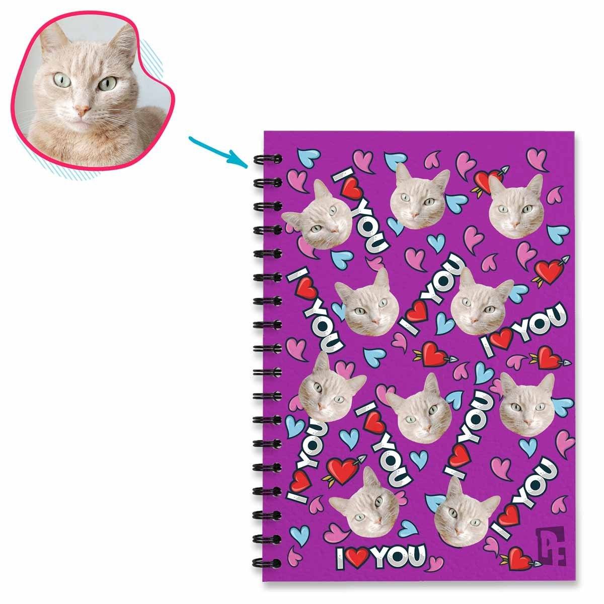 purple Love You Notebook personalized with photo of face printed on them
