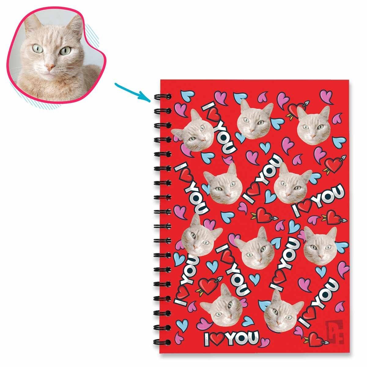 red Love You Notebook personalized with photo of face printed on them