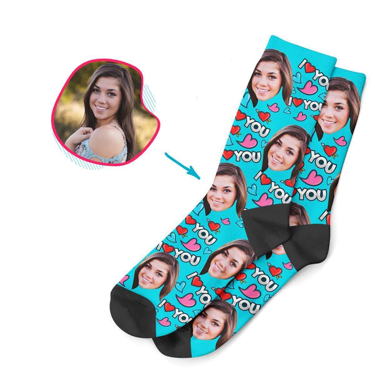blue Love You socks personalized with photo of face printed on them