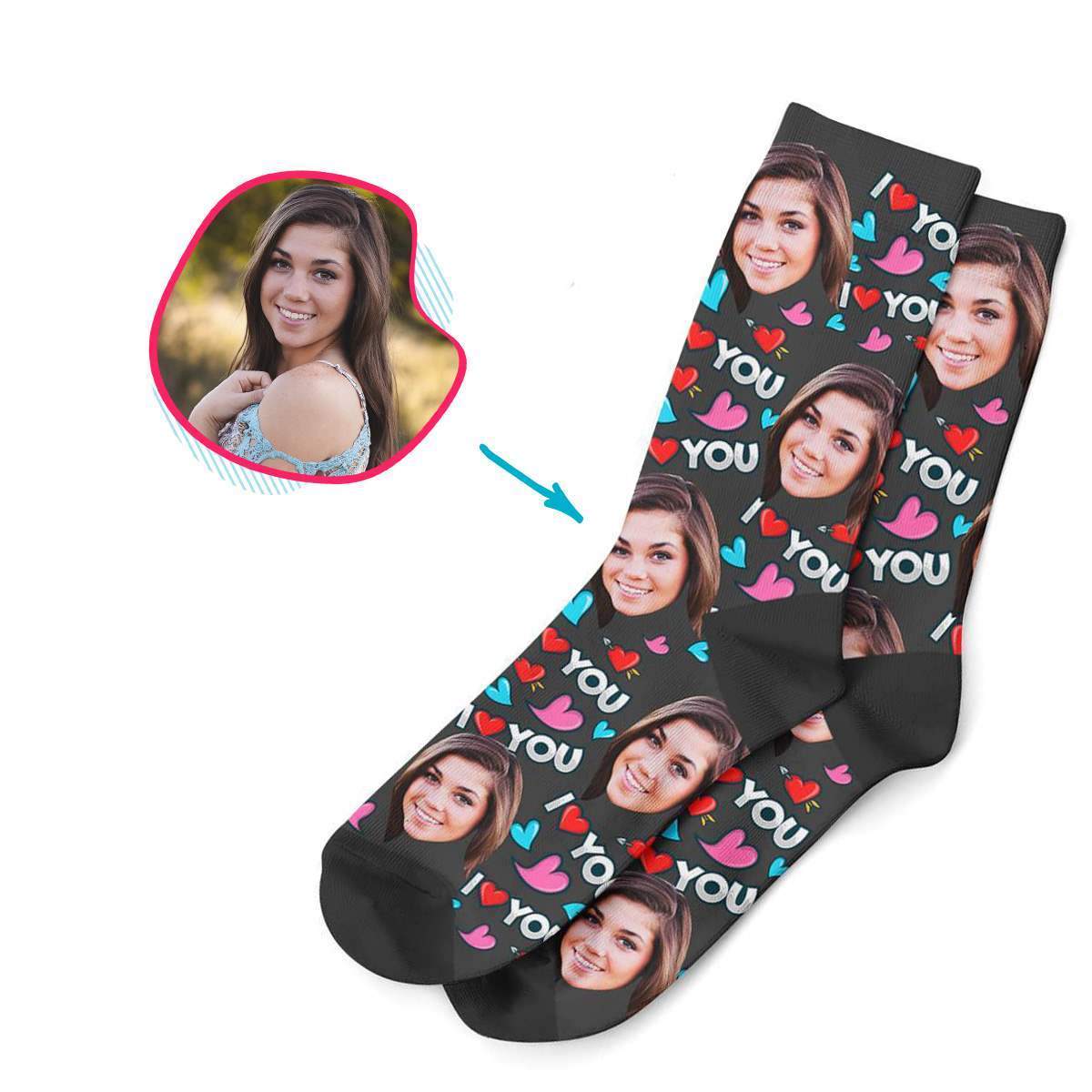 dark Love You socks personalized with photo of face printed on them
