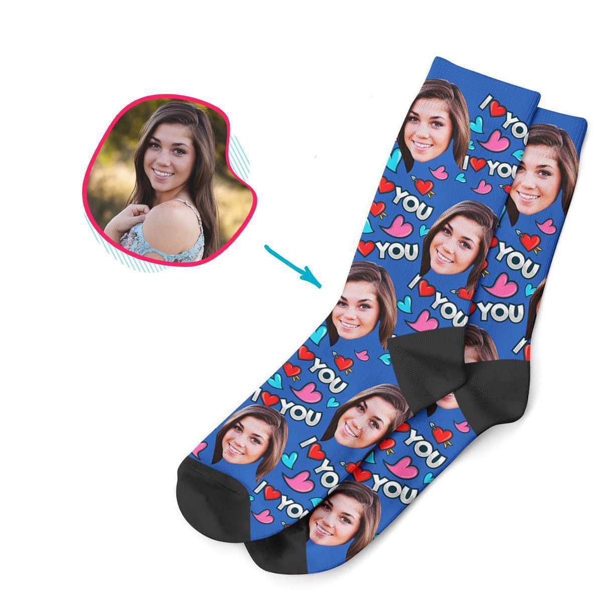 darkblue Love You socks personalized with photo of face printed on them