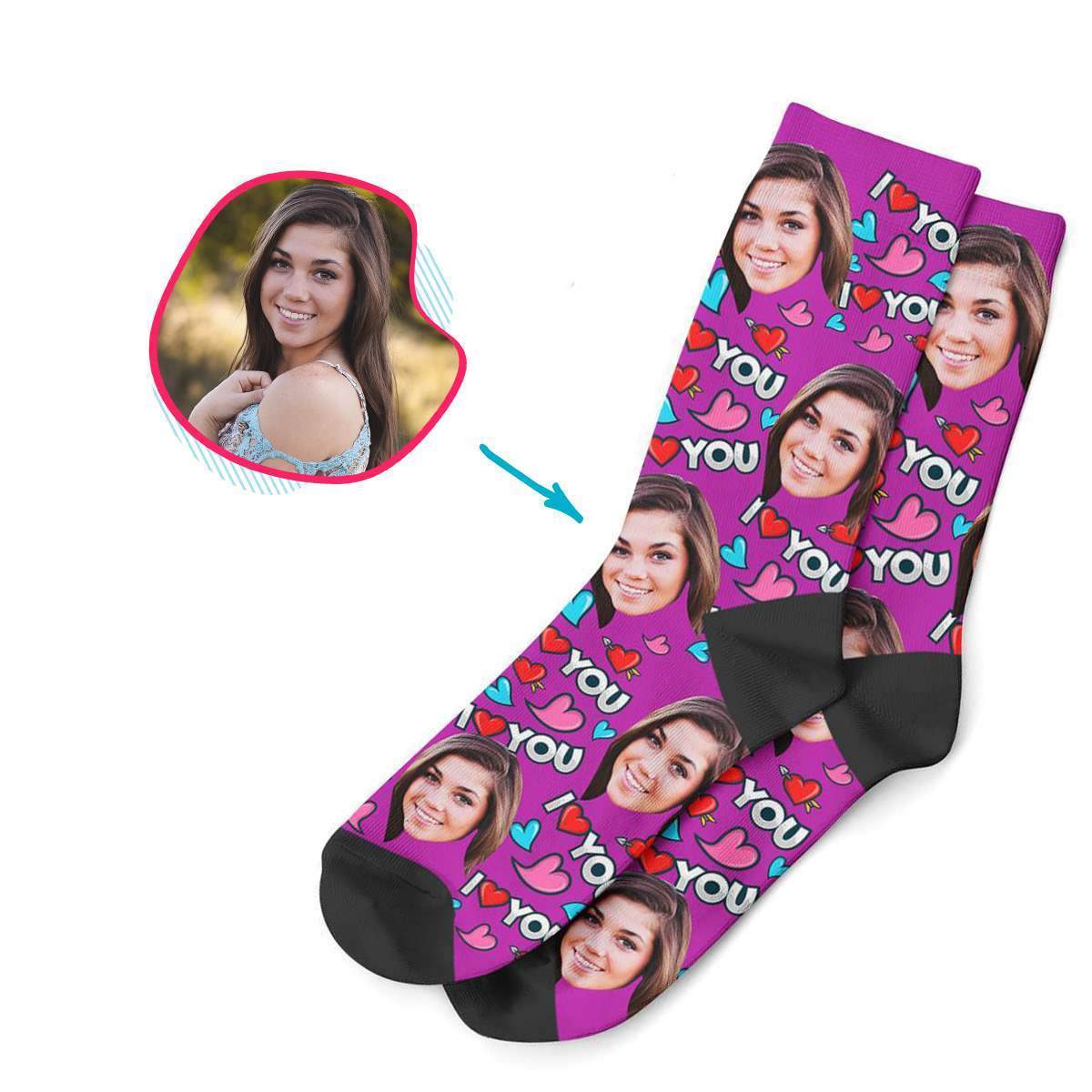 purple Love You socks personalized with photo of face printed on them