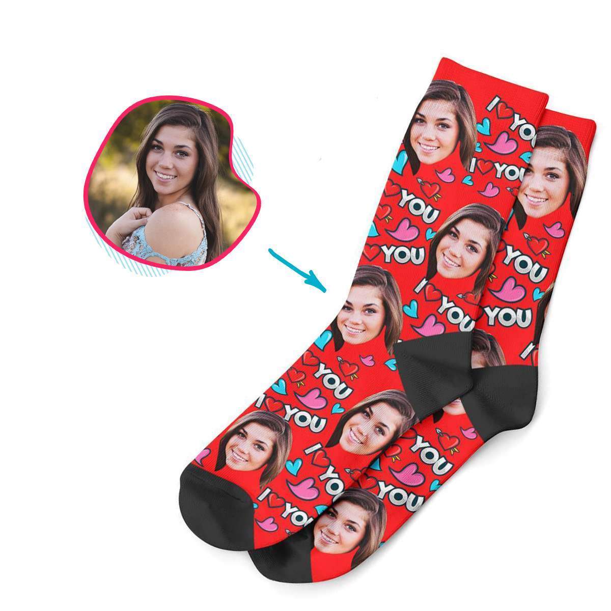red Love You socks personalized with photo of face printed on them