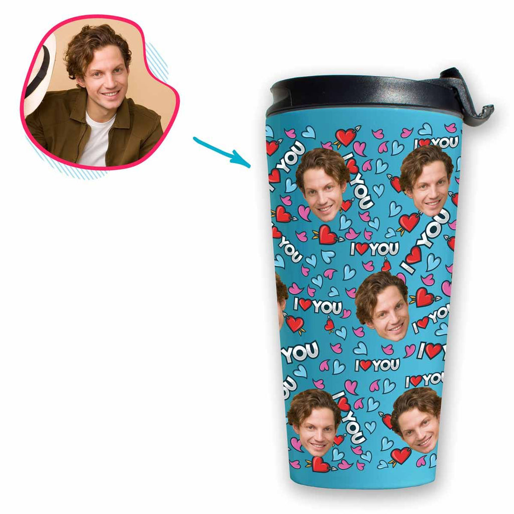 blue Love You travel mug personalized with photo of face printed on it