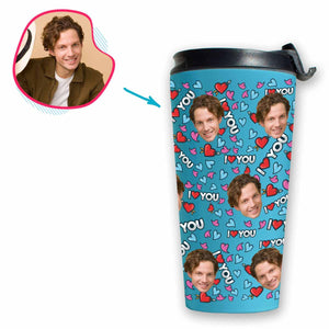 blue Love You travel mug personalized with photo of face printed on it