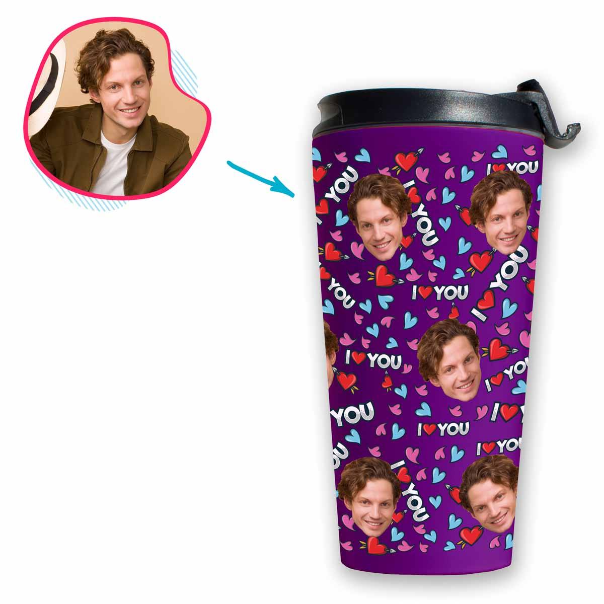 purple Love You travel mug personalized with photo of face printed on it