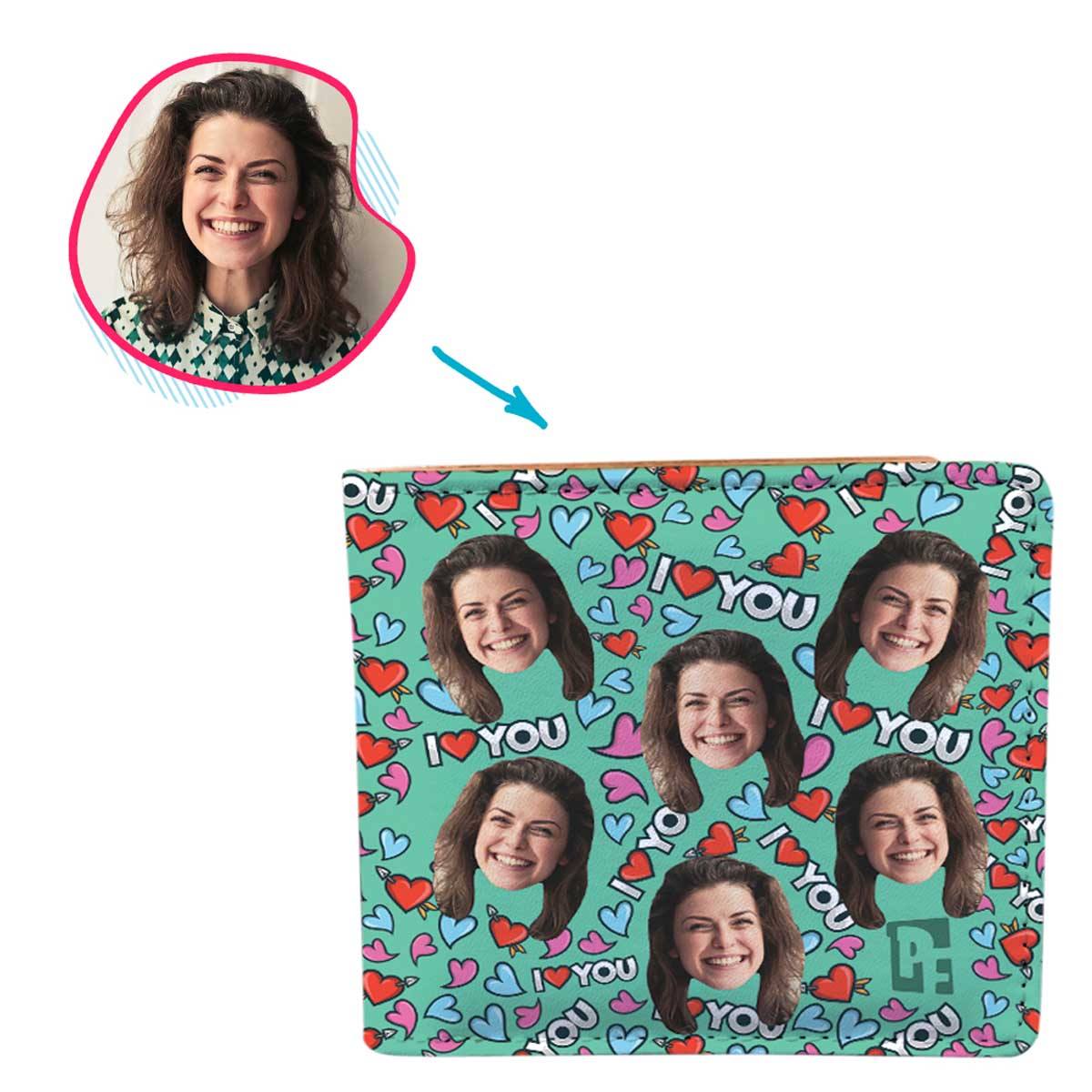mint Love You wallet personalized with photo of face printed on it