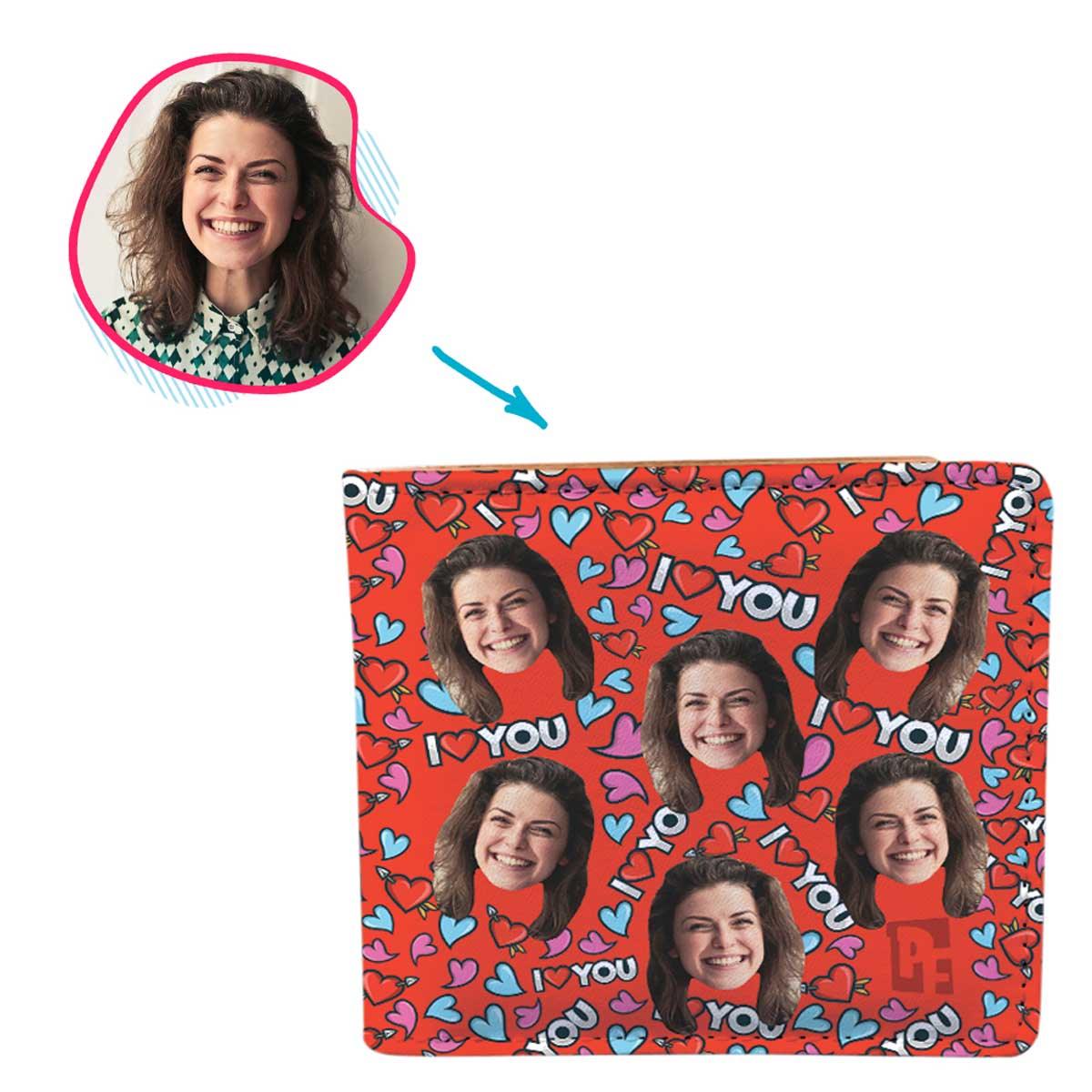 red Love You wallet personalized with photo of face printed on it