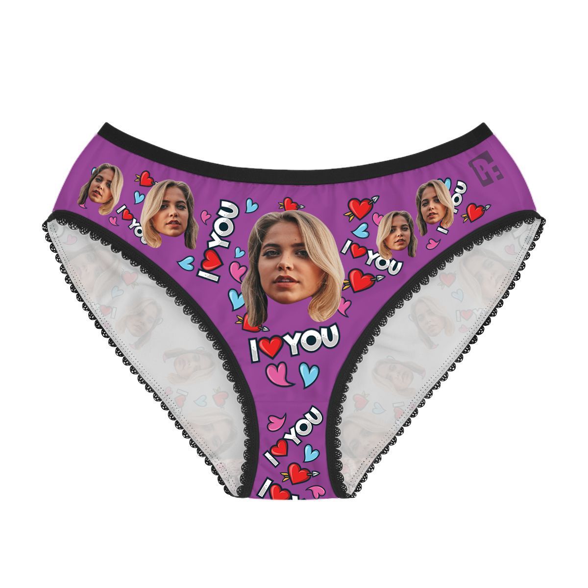 Purple Love you women's underwear briefs personalized with photo printed on them
