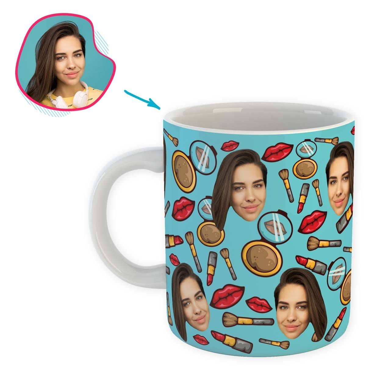 Blue Makeup personalized mug with photo of face printed on it