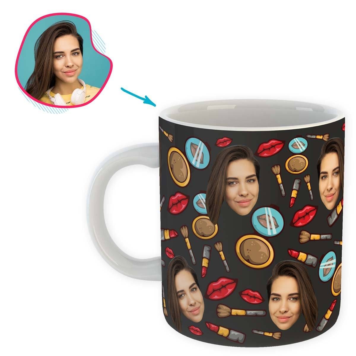 Dark Makeup personalized mug with photo of face printed on it