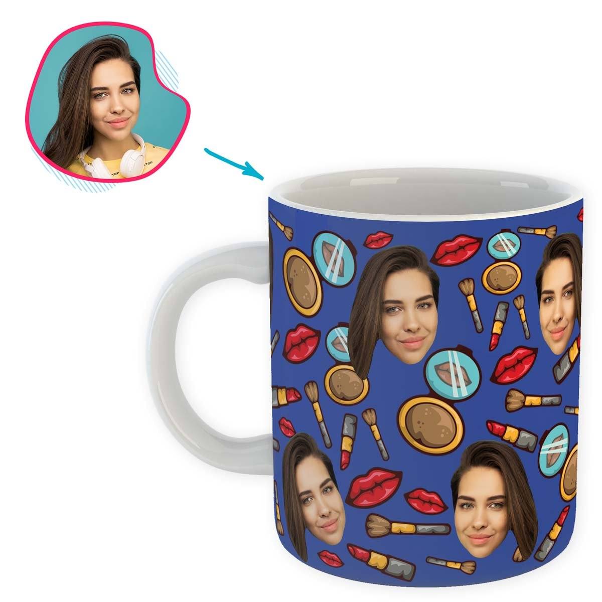 Darkblue Makeup personalized mug with photo of face printed on it