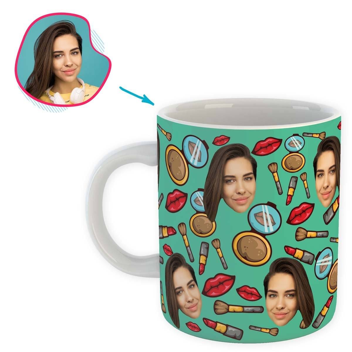 Mint Makeup personalized mug with photo of face printed on it