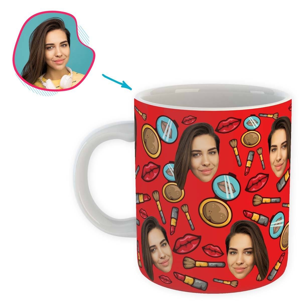 Red Makeup personalized mug with photo of face printed on it