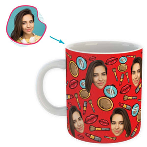 Red Makeup personalized mug with photo of face printed on it